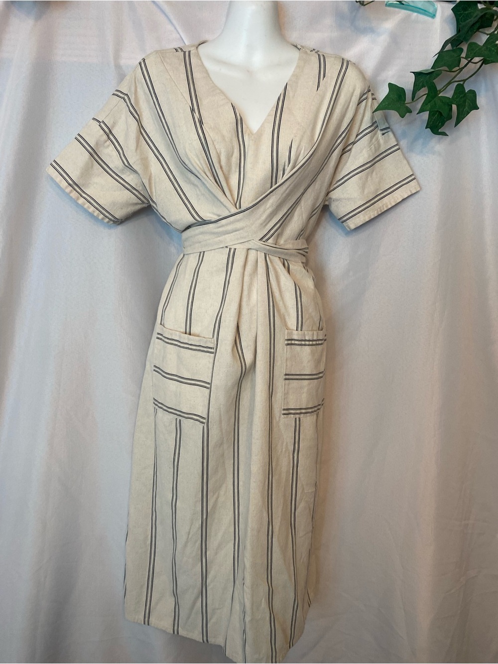 Blu Pepper Linen Blend Cream/Black Vertical Striped Wrap Midi Dress w/ Pockets